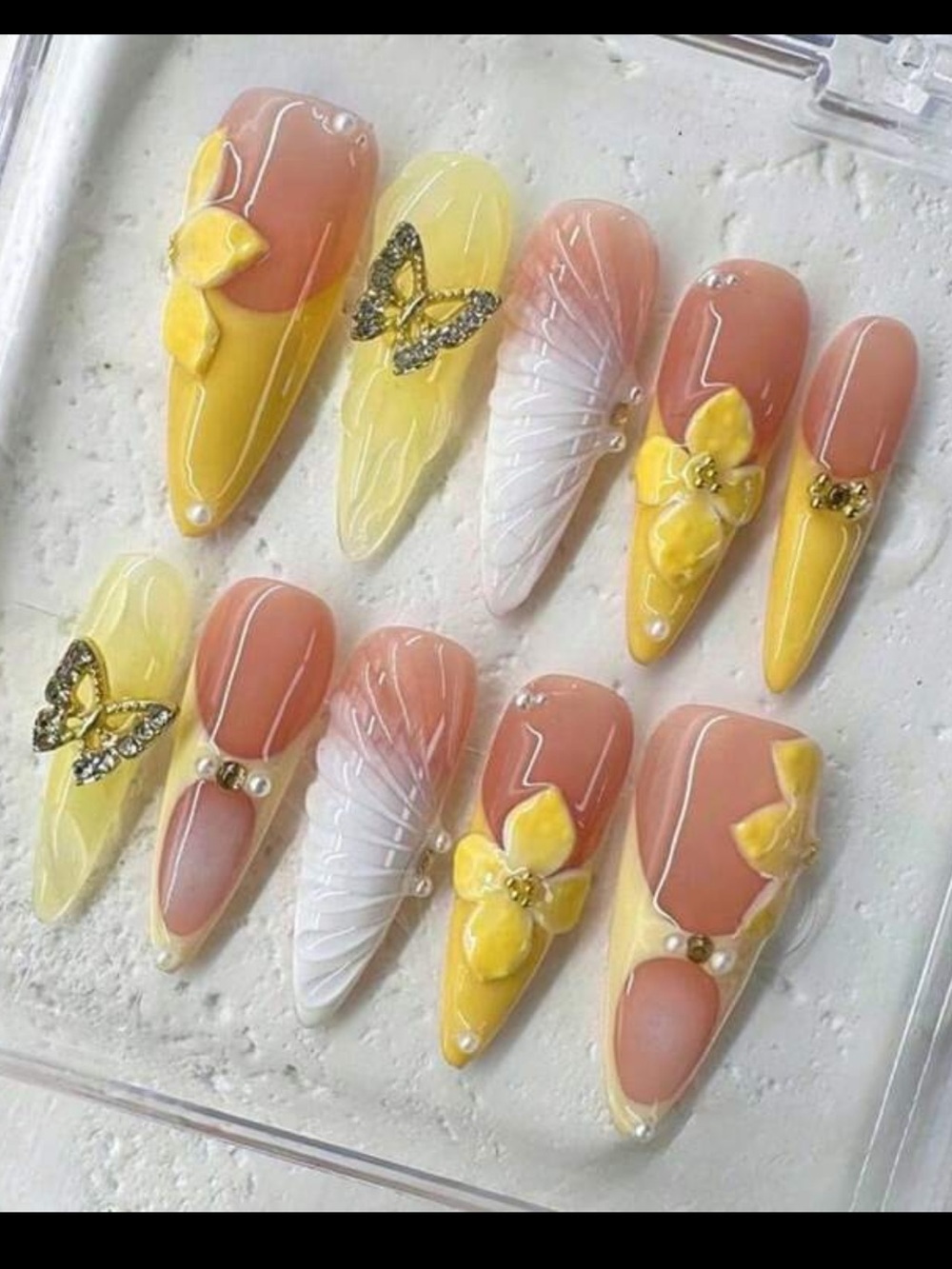 Yellow and Taupe Stiletto Press-On Nail Set with 3D Accents
